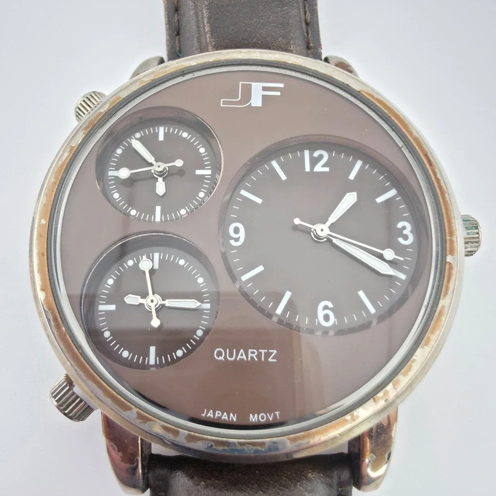 J. FERRAR Men's Quartz Watch Japanese Movement 3 Timezone Subdials Leather Strap